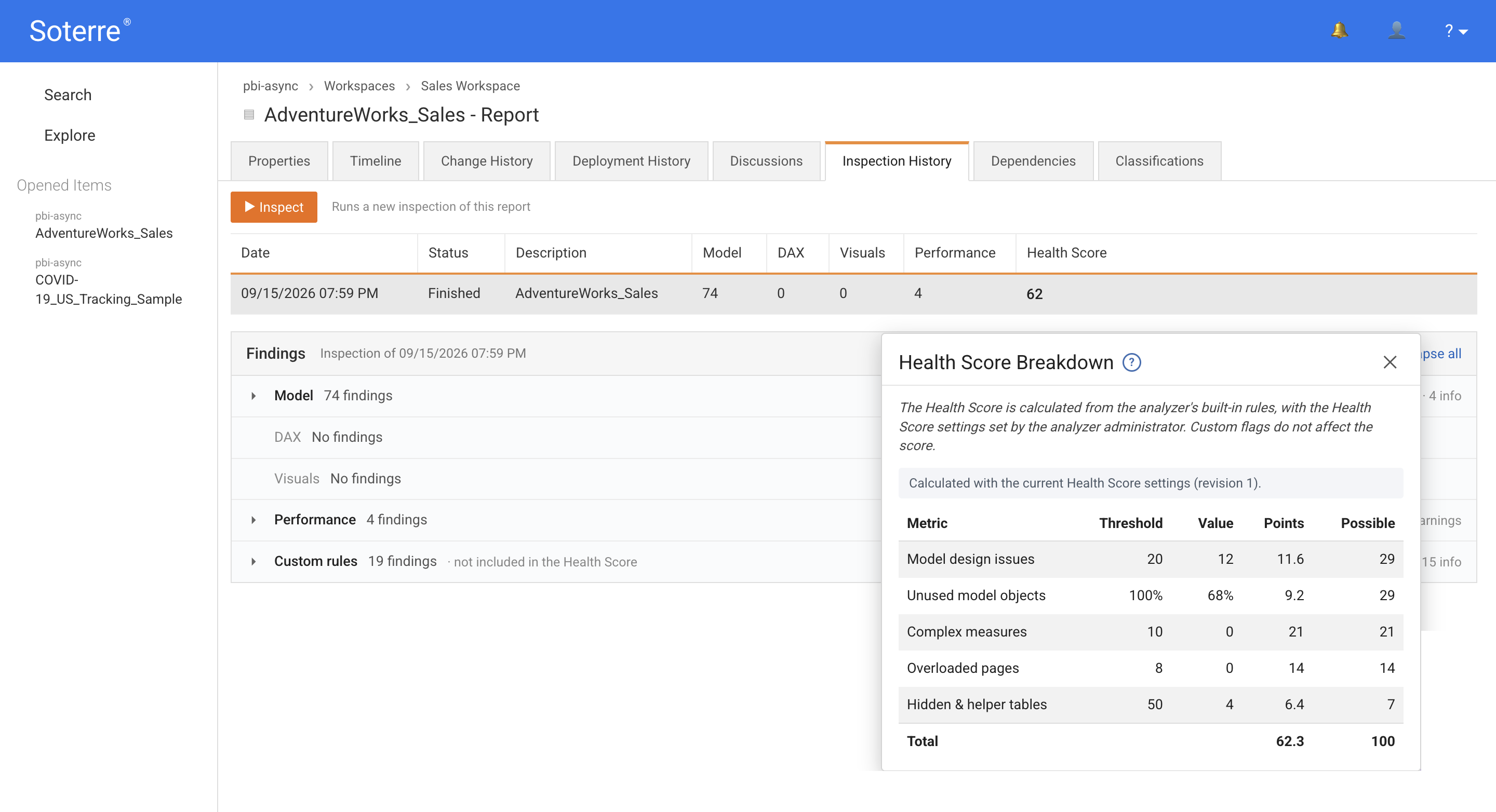 Health Score in Inspections tab