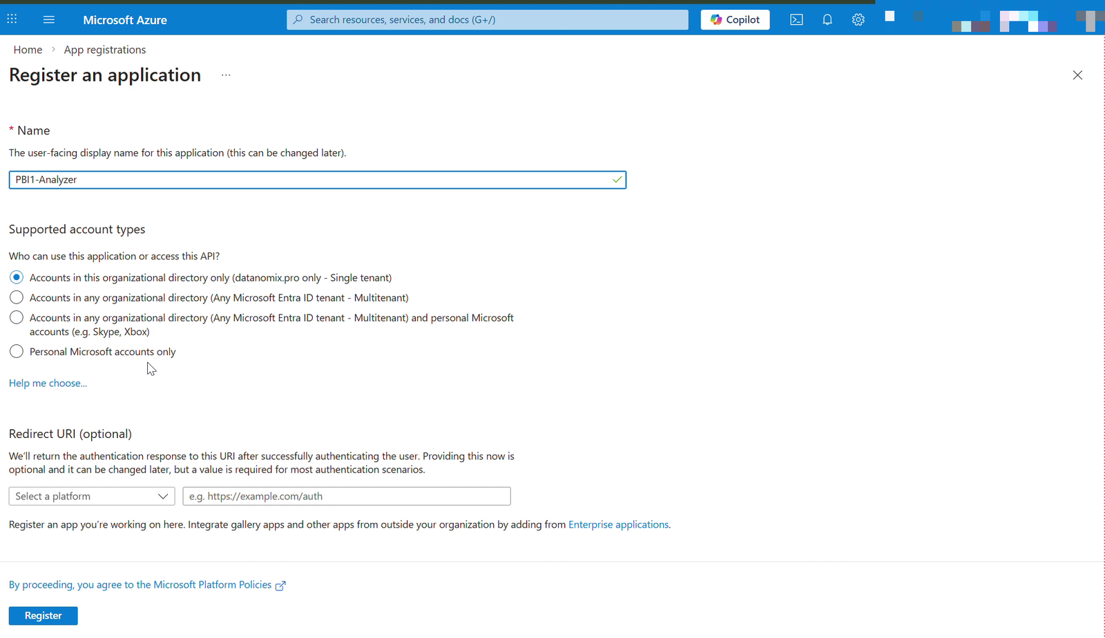 Register a new application in Azure AD