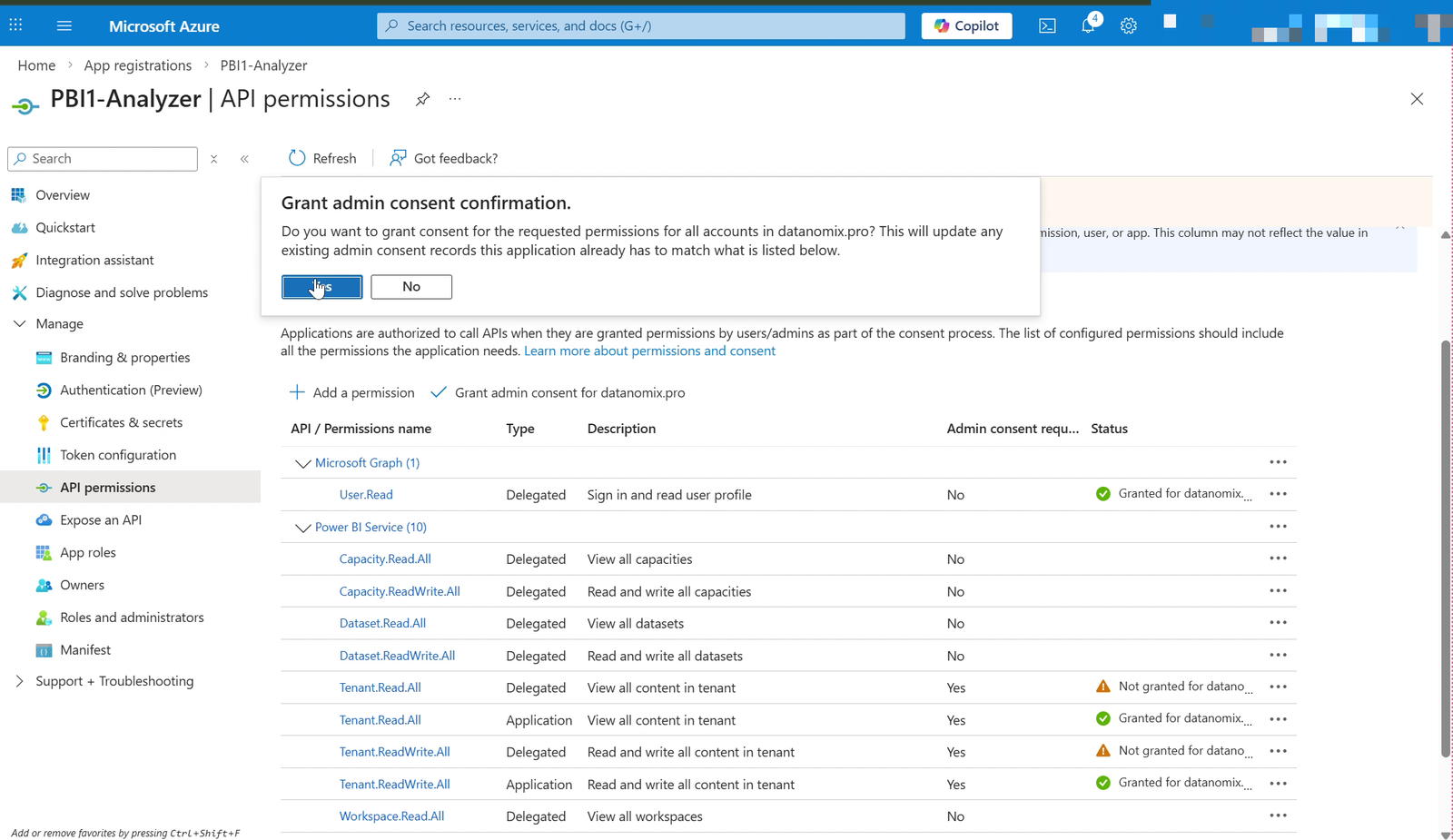 Grant admin consent for the organization