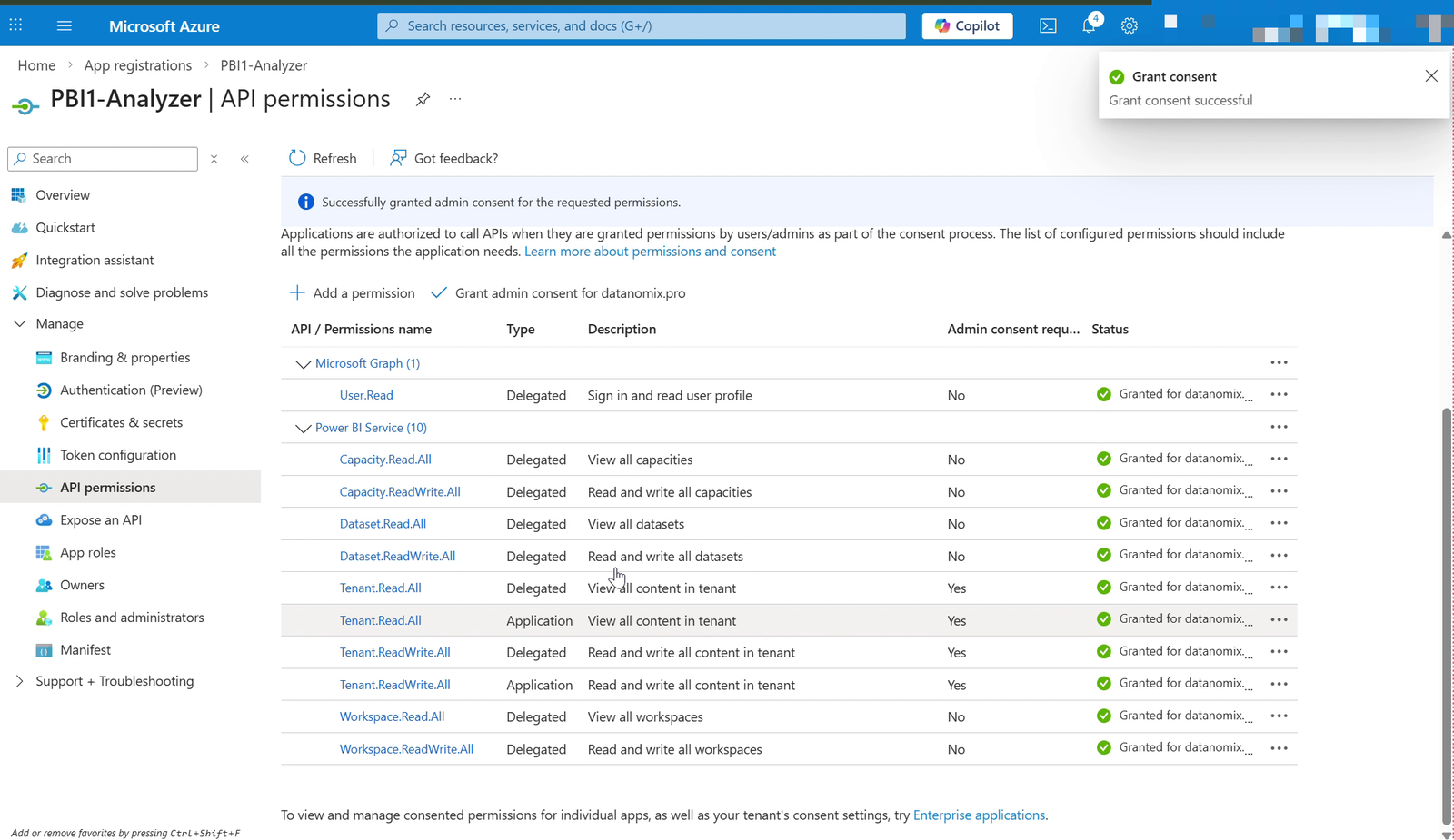 All permissions granted with green checkmarks