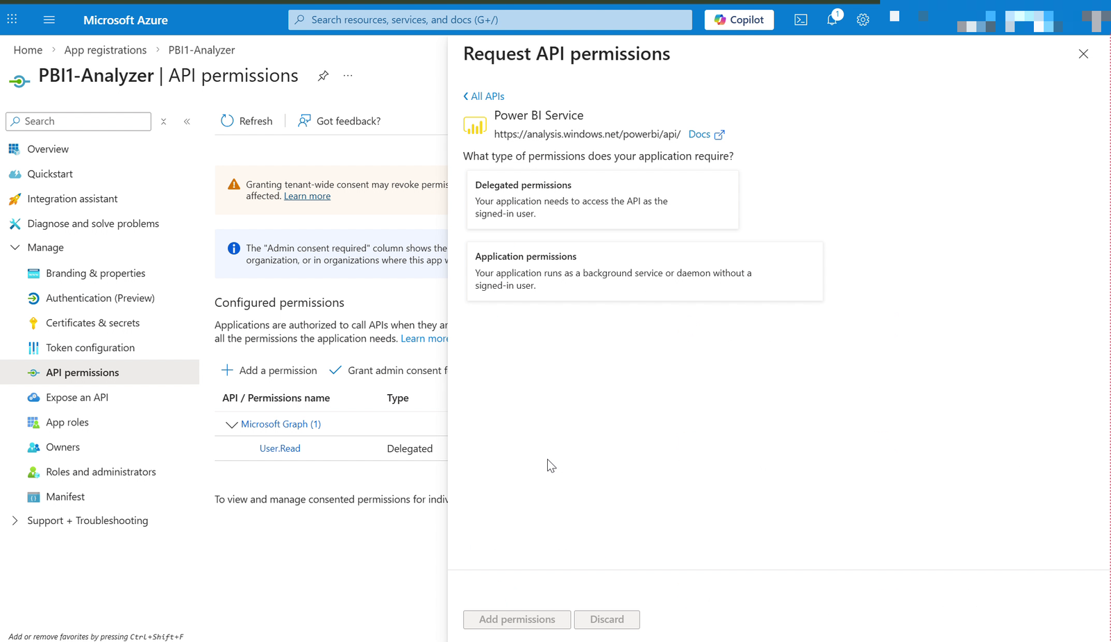 Request API permissions — pick Power BI Service