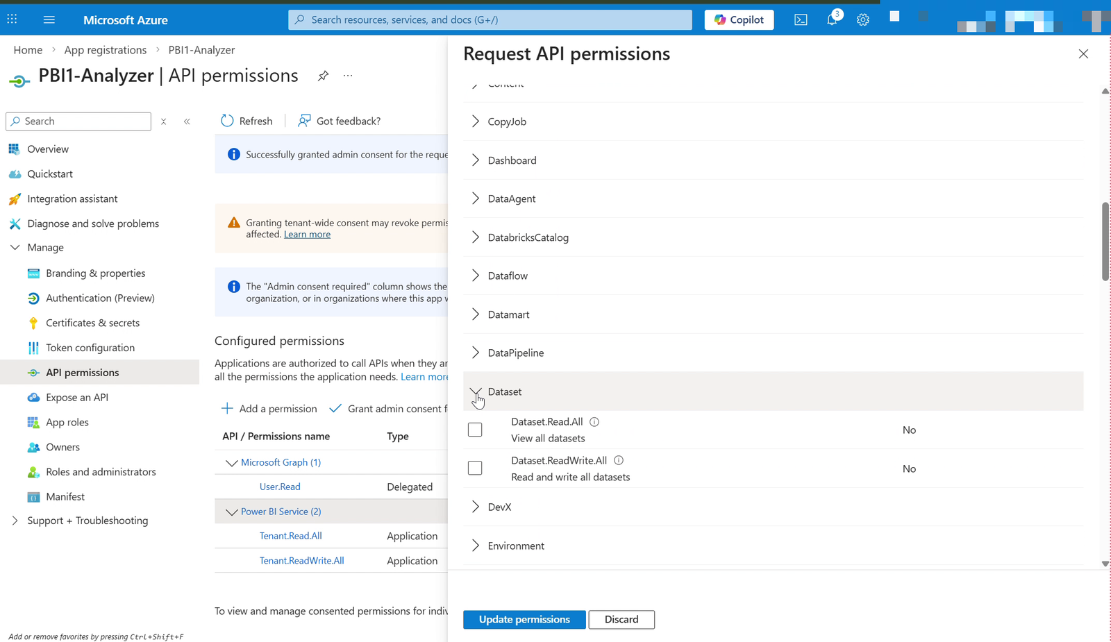 Select the application permissions under Power BI Service