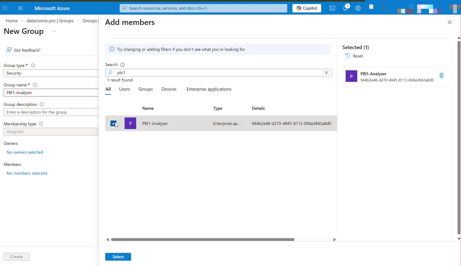 Create the security group and add the service principal