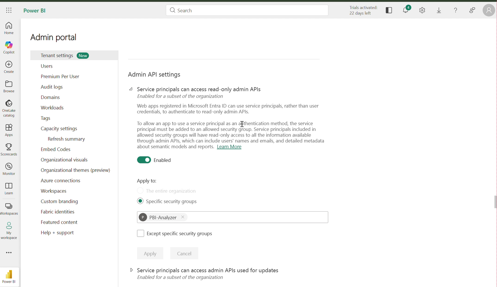 Admin API settings — enable for the PBI-Analyzer security group