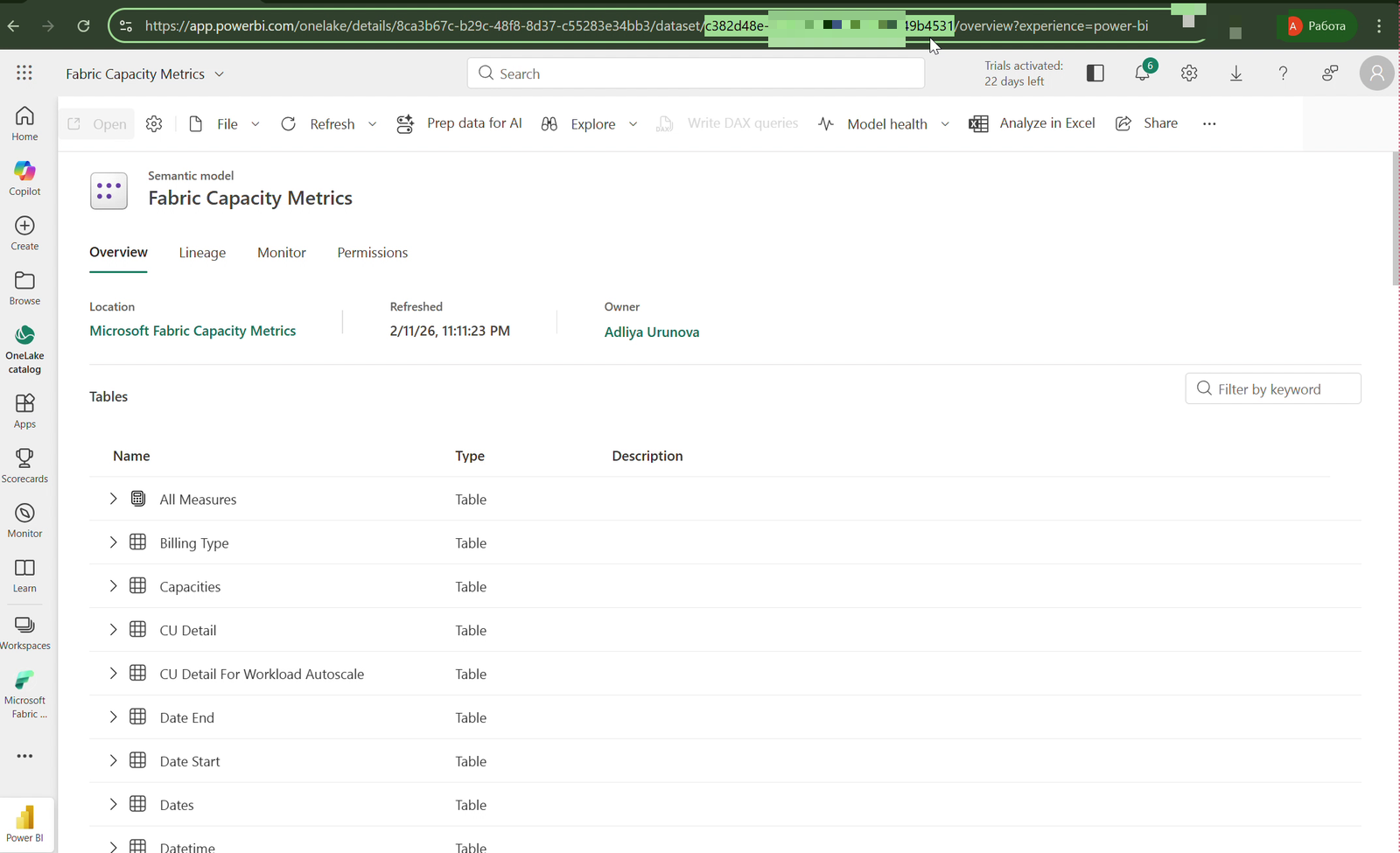The dataset GUID in the browser URL is your Metrics Dataset ID